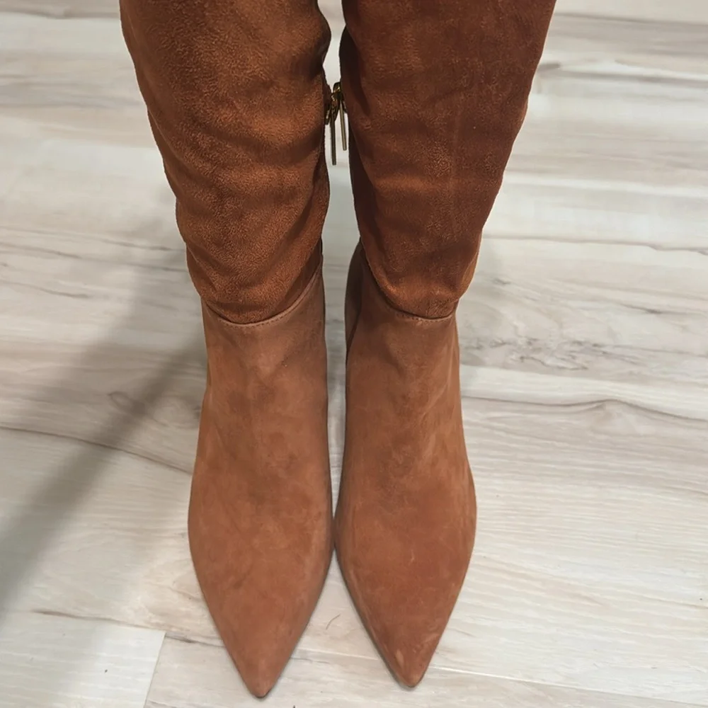 Vince Camuto Taplana Over The Knee Boots 7.5 Cognac Suede Pointed Toe Unworn